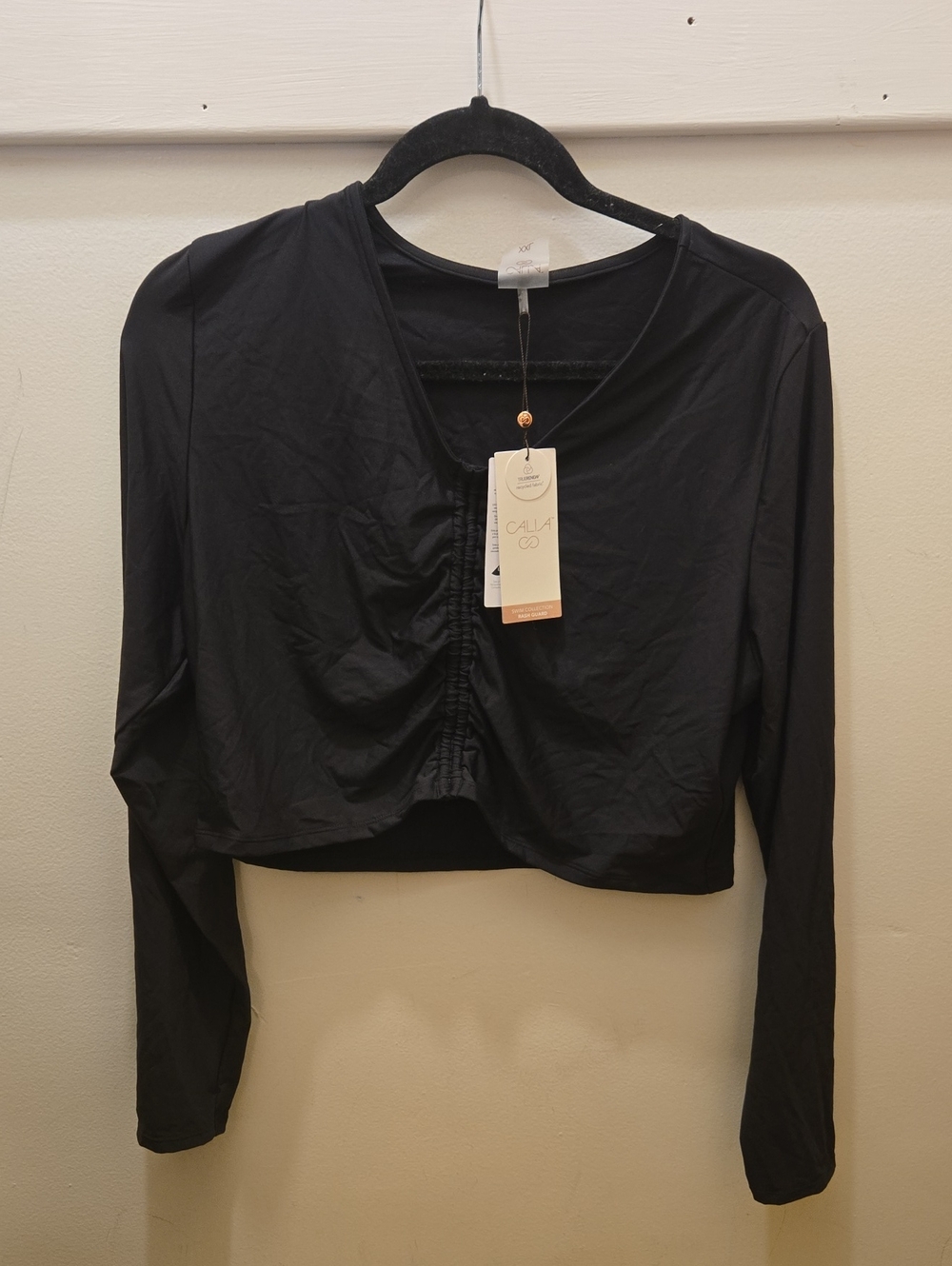 NWT Calia Black Long-Sleeve Cropped Ruched Swim Top